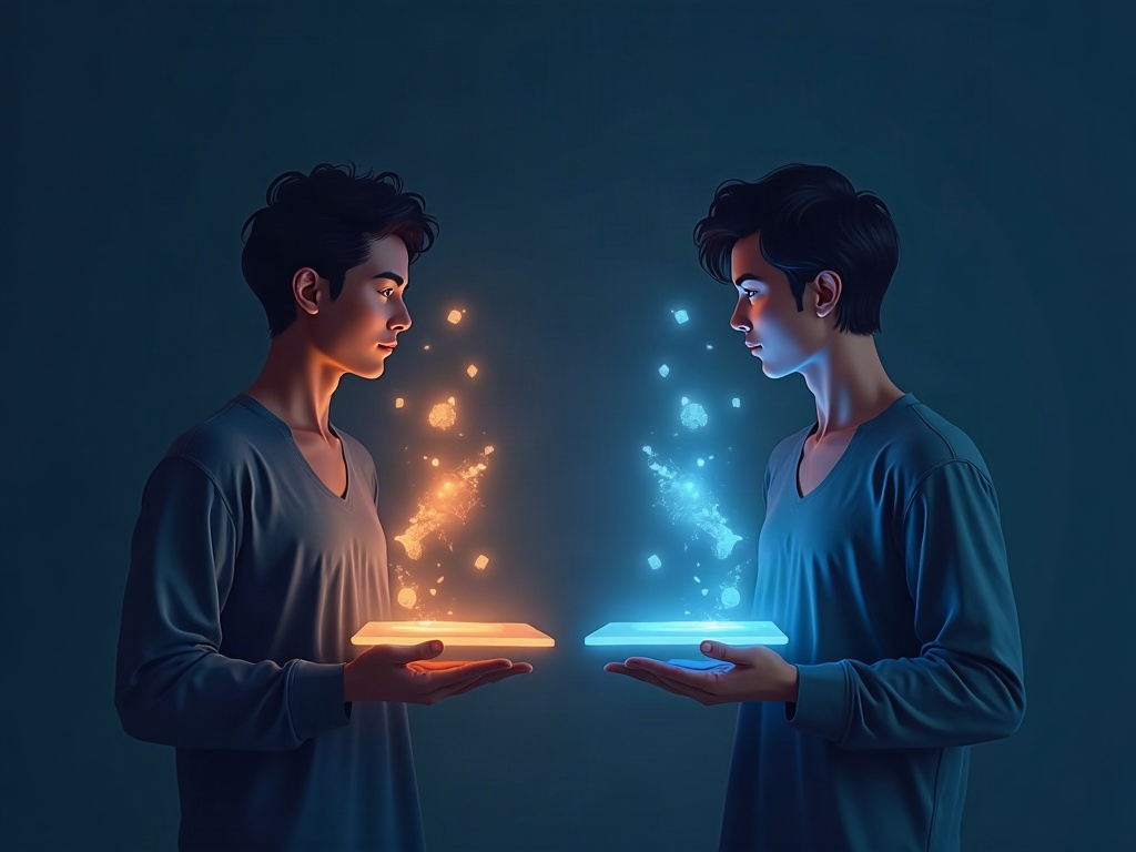 A person comparing an original photo bearing an intact glowing seal against an altered copy whose seal is broken