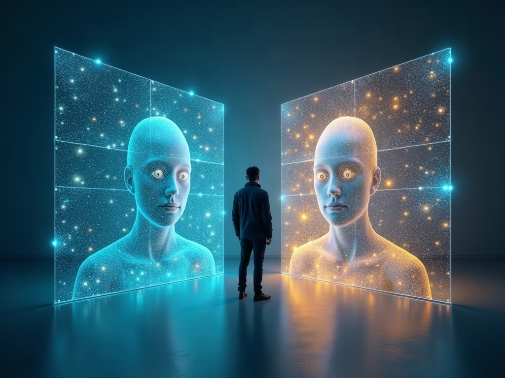 A person between two approaches: tagged synthetic images on one side, a single authenticated real photo on the other
