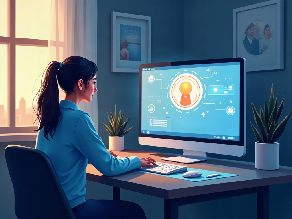 A person at a table trusting an on-screen image that carries a clear glowing authenticity mark