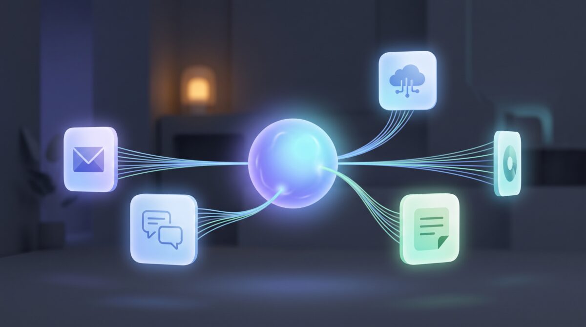 A glowing AI assistant at the center connected by light-cables to a ring of app tiles for email, storage, chat and notes