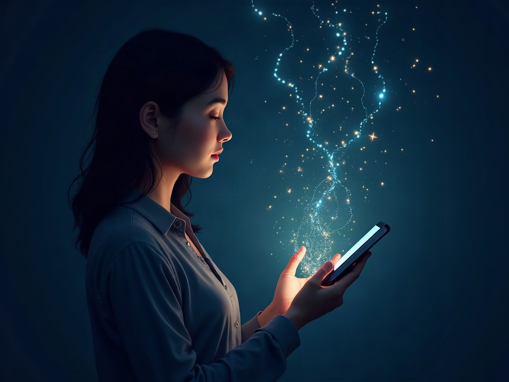 A glowing AI reading ribbons of a person's past messages and echoing them back in the same shape, illustrating learned writing style