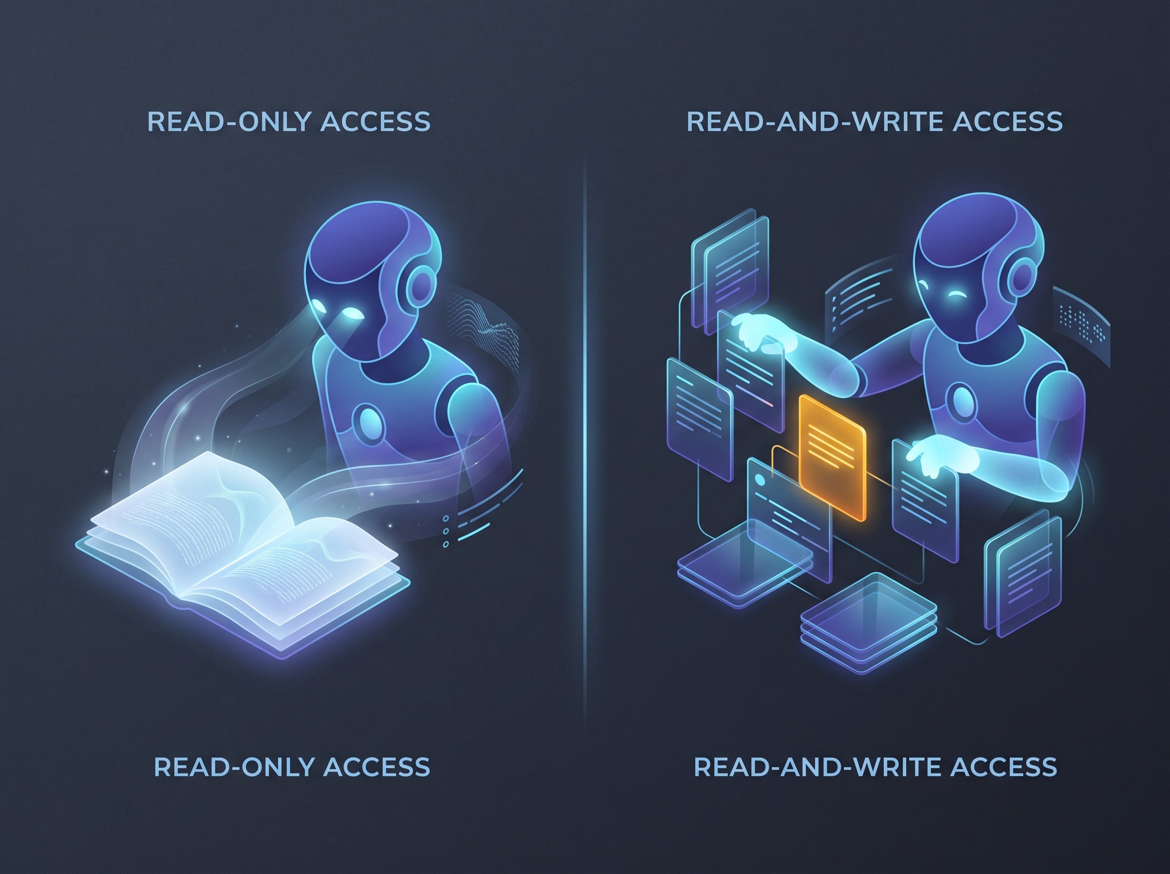 Split illustration of an AI reading from a book of light on one side and actively writing and moving cards on the other