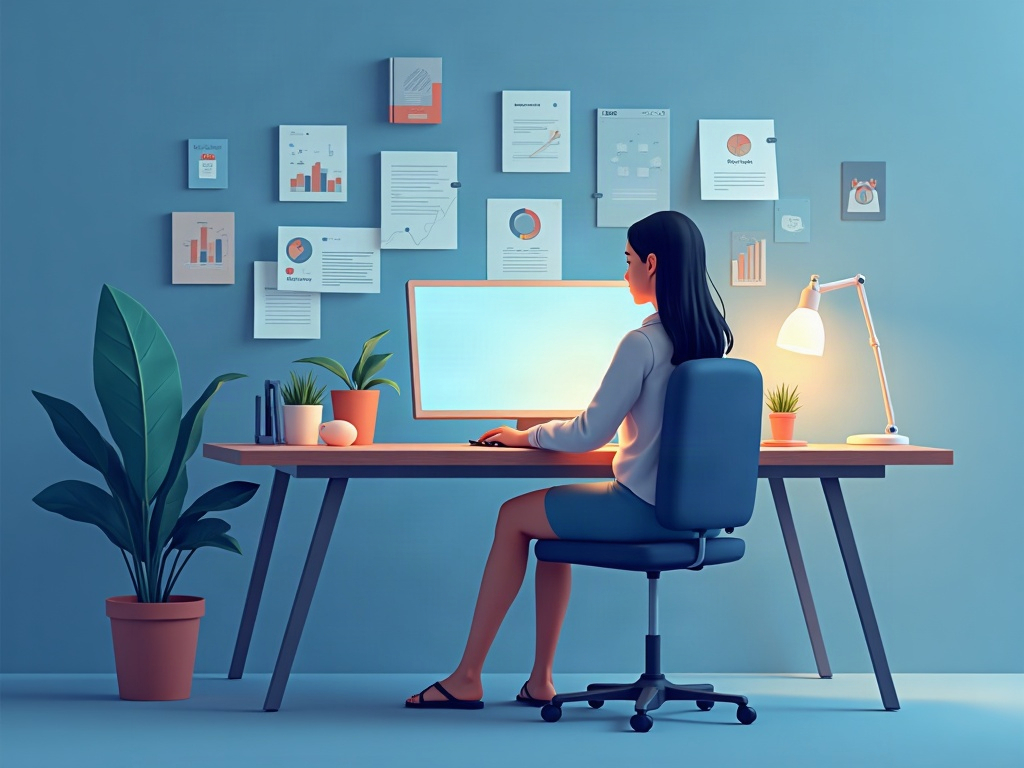 A calm person at a desk with an AI co-pilot that gathered scattered app data into one tidy useful answer