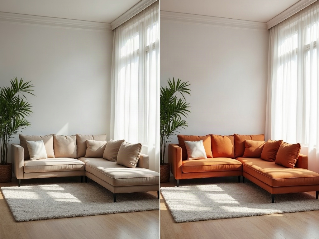 Before and after showing a targeted edit changing only the sofa color in a room