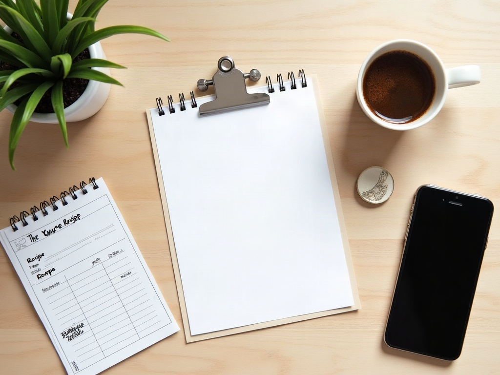Flat-lay of everyday design tasks: social graphic, recipe card, and logo sketch