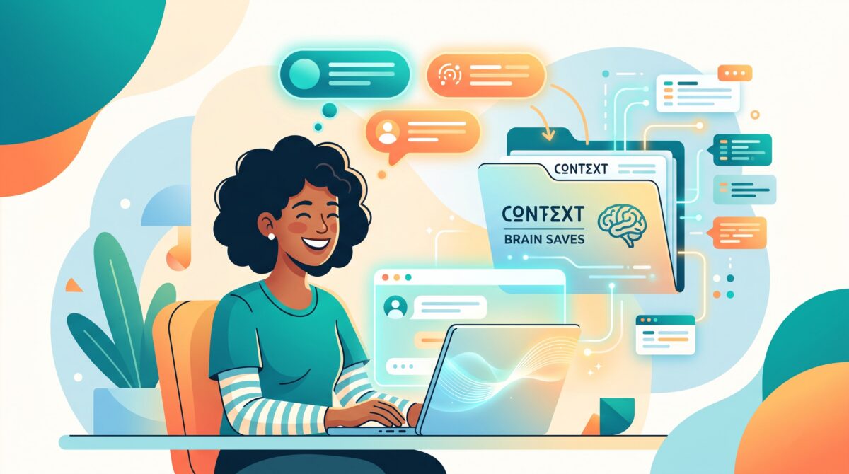 Illustration of a person chatting with an AI that saves context into an organized memory folder
