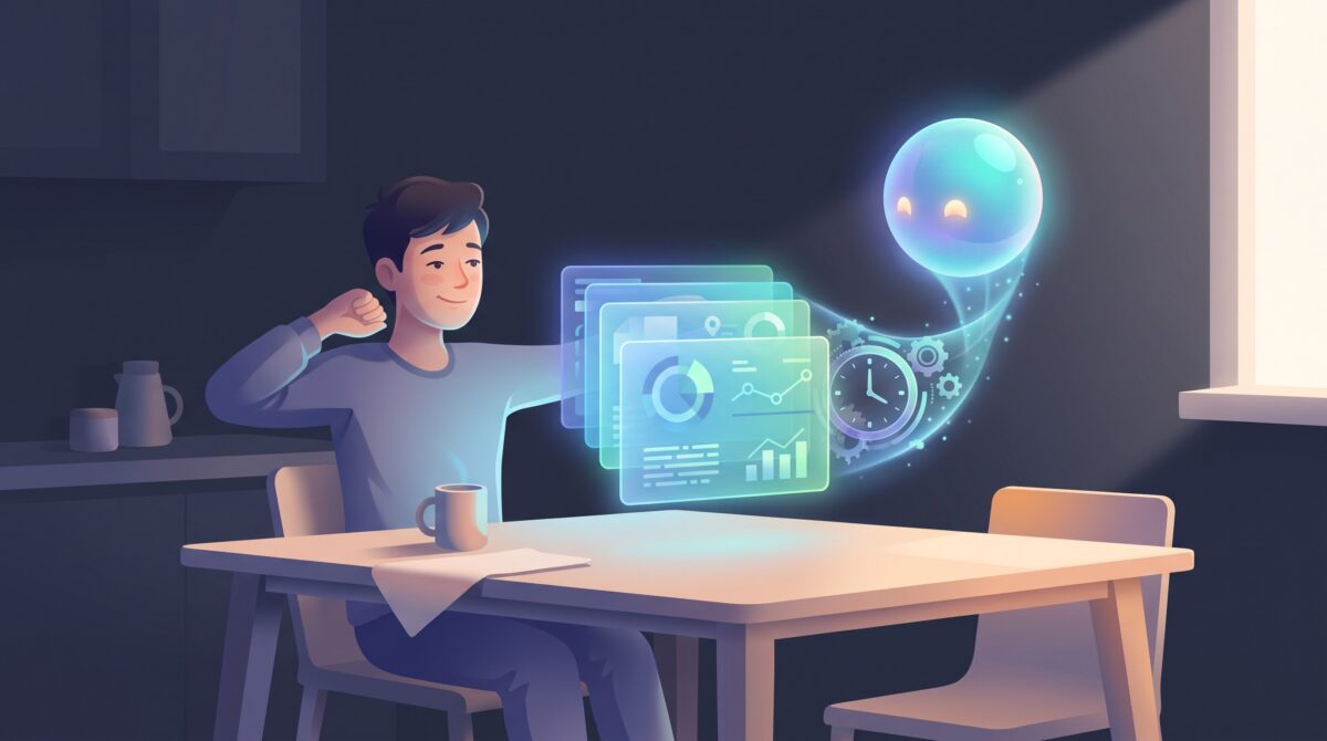 A person at a morning table with AI-prepared briefing cards floating in front of them, representing ChatGPT scheduled tasks running automatically