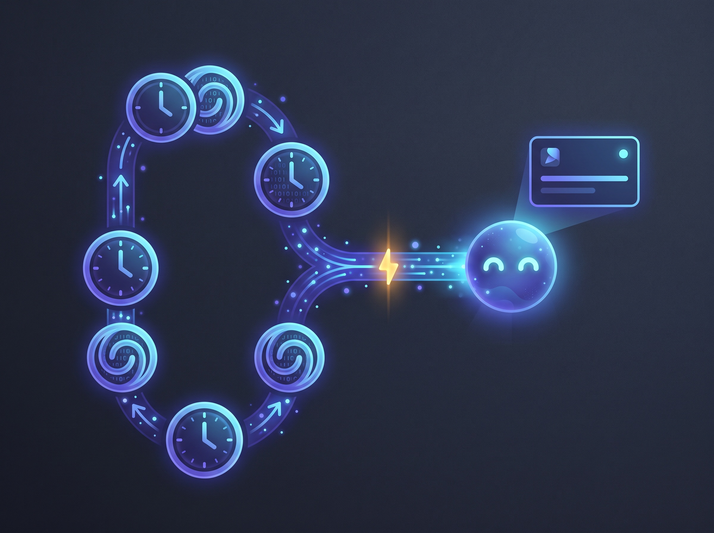 A looping clock feeding an AI that outputs a notification, illustrating a recurring scheduled task