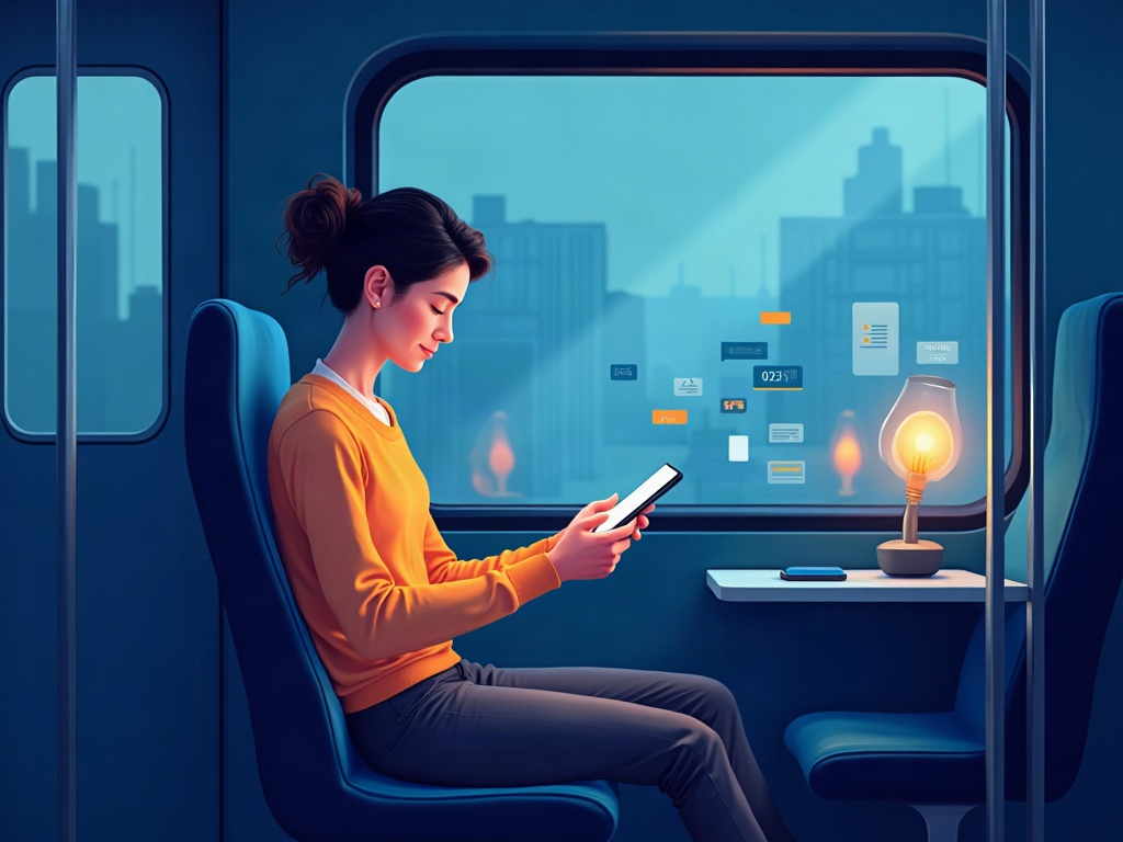 A commuter calmly reading an AI-generated morning briefing on a phone