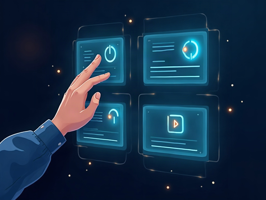 A hand adjusting glowing scheduled-task cards on a floating control panel with pause and play symbols