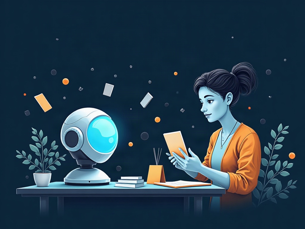 An AI handling repetitive tasks on one side while a person focuses on creative work on the other