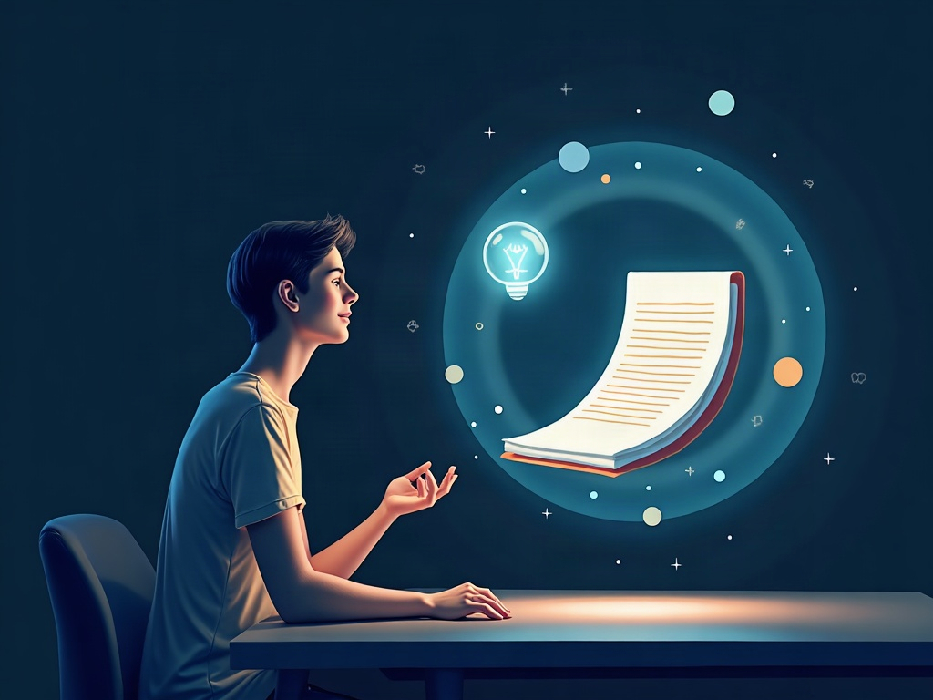 A person describing an idea while finished pages and a presentation form beside them out of light