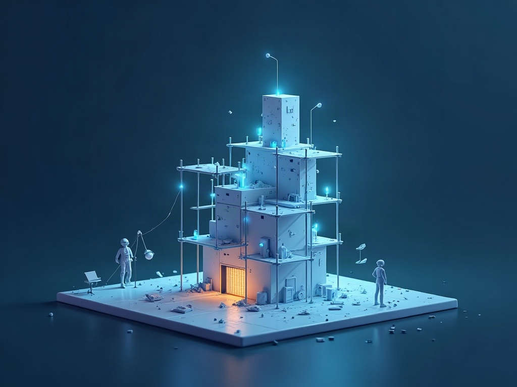 A partly-built glowing structure with a soft scaffold of light, representing a beta still under construction