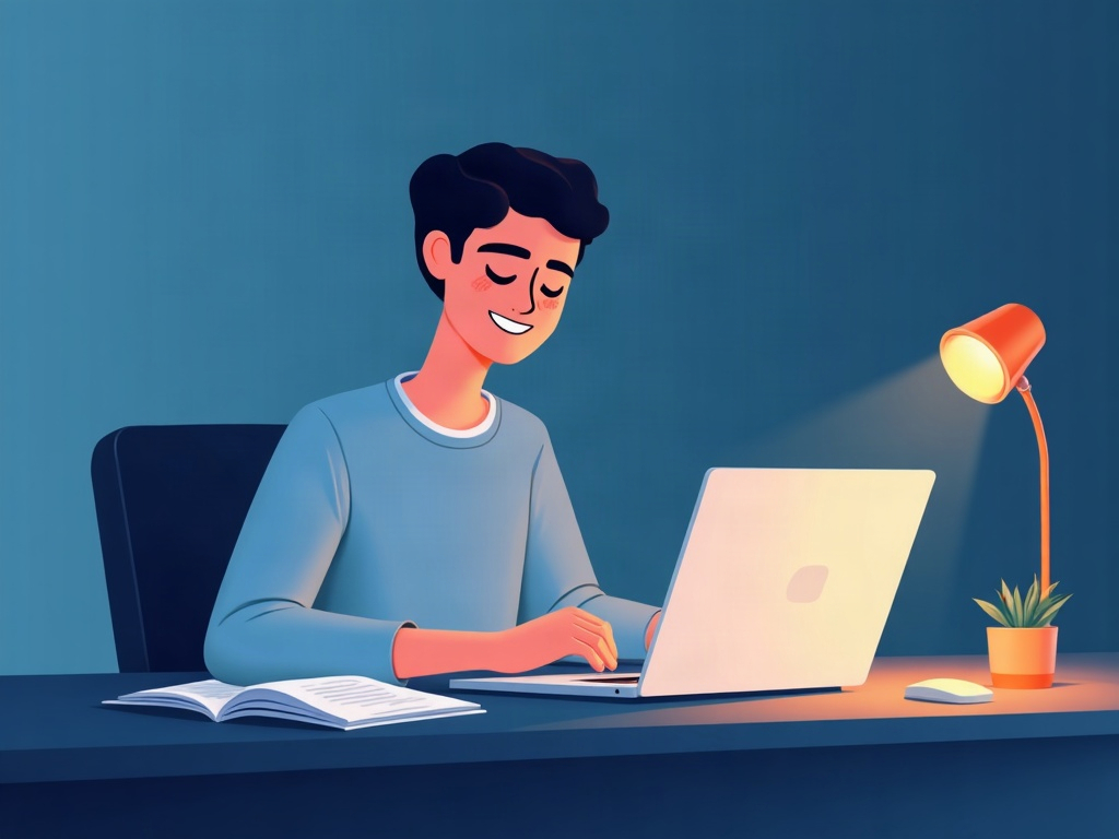A person calmly finishing work as a completed document and presentation close into a neat folder of light