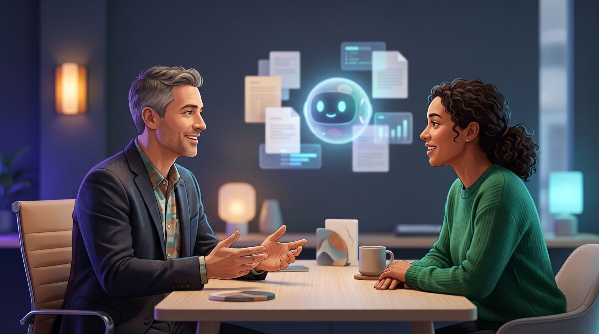 An advisor and client talk while a glowing AI assistant quietly handles paperwork in the background