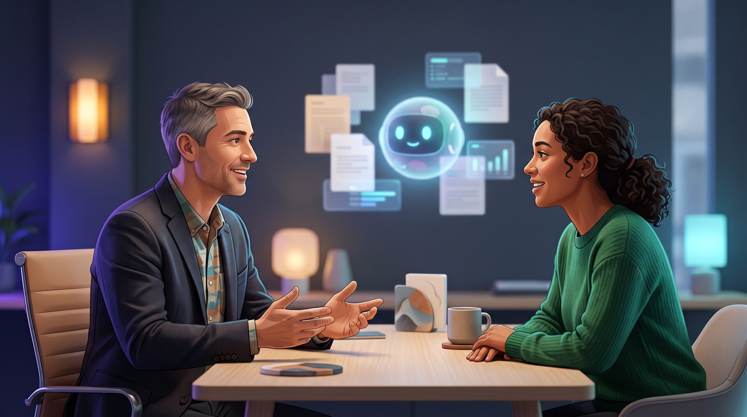 An advisor and client talk while a glowing AI assistant quietly handles paperwork in the background