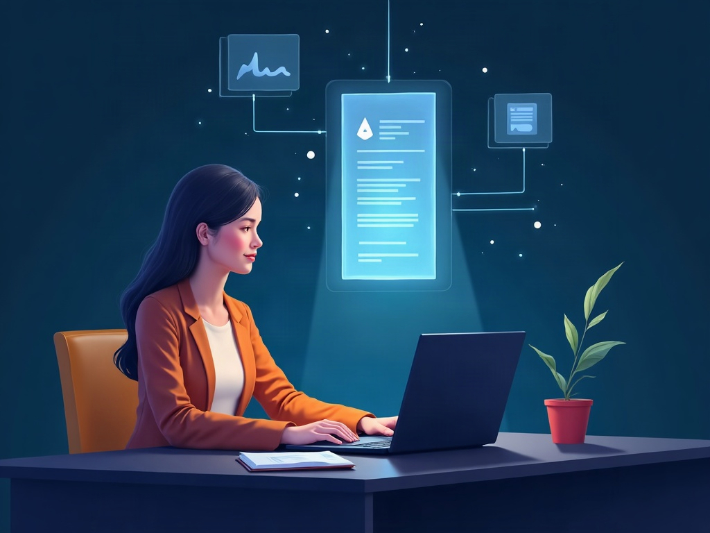 A glowing summary card forming above a laptop as a professional reviews it