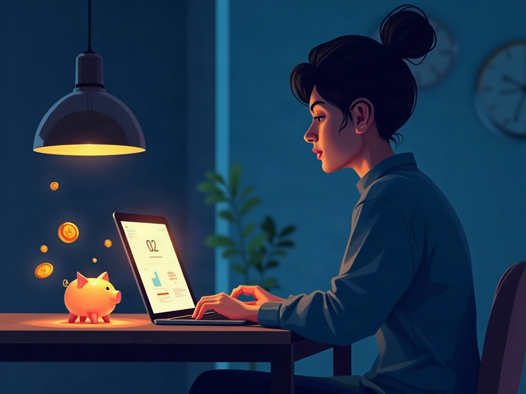 A person at a kitchen table using a softly glowing laptop to organize their own finances