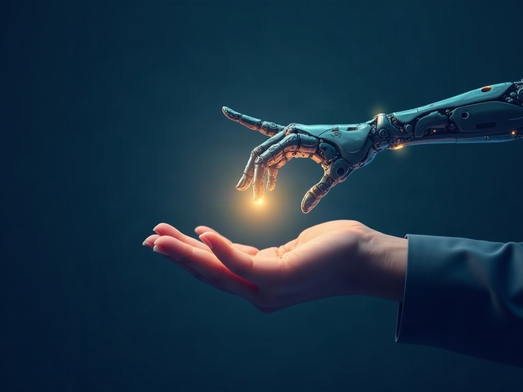 A human hand resting over a glowing AI hand of light, giving a final approval