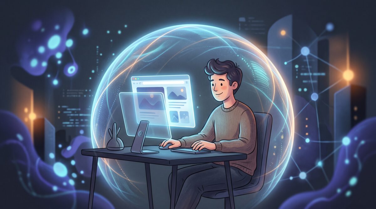 A person browsing inside a glowing browser window wrapped in a soft protective dome of light