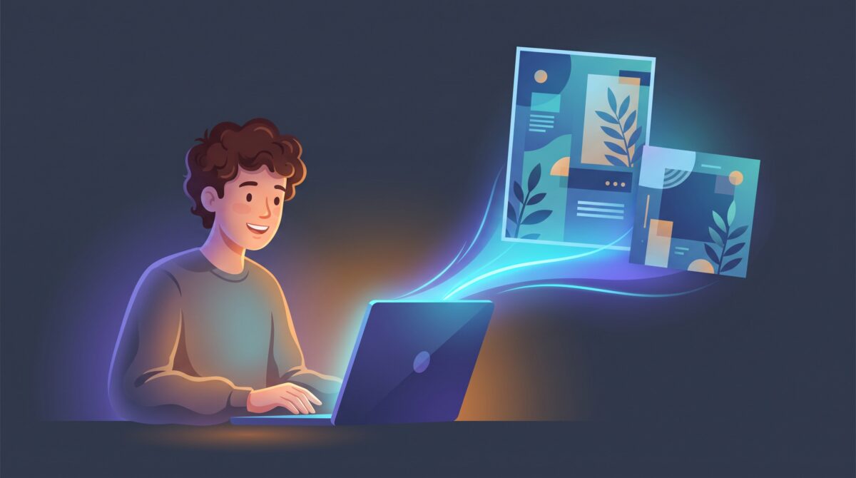 A person prompting on a laptop as a finished poster and social graphic form out of light, illustrating AI design by prompt