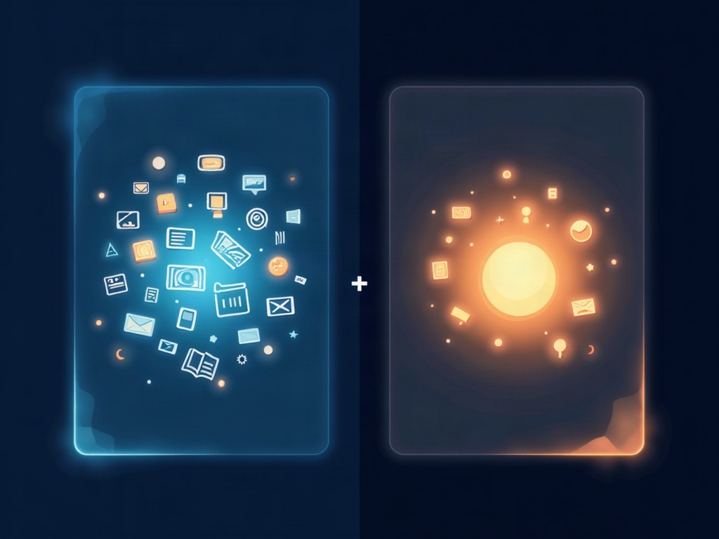 Split illustration of arranging templates by hand versus prompting to produce a finished graphic