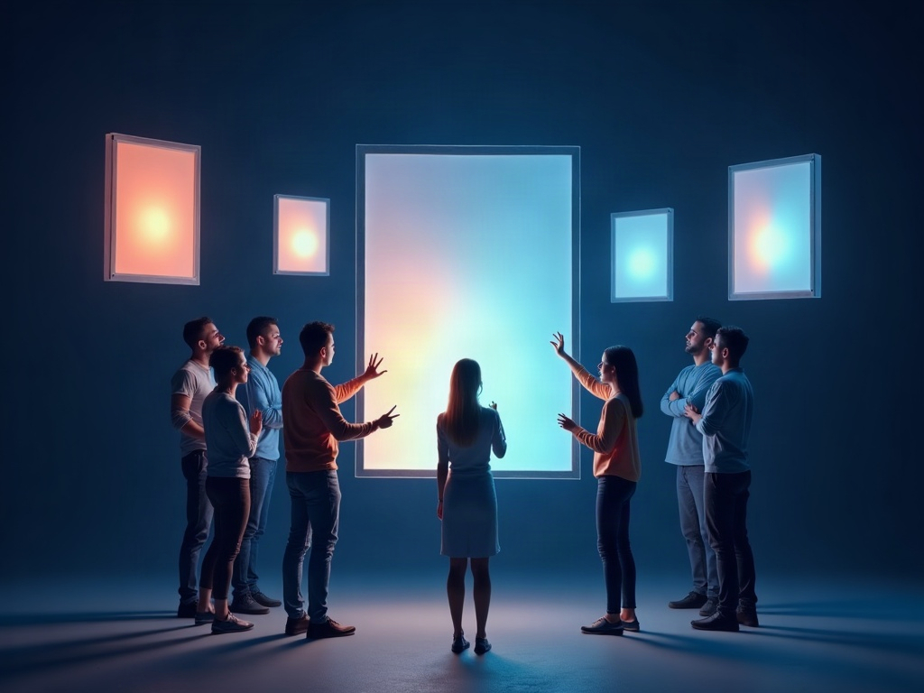 A team collaborating on one glowing design canvas with several alternate versions floating nearby to choose from