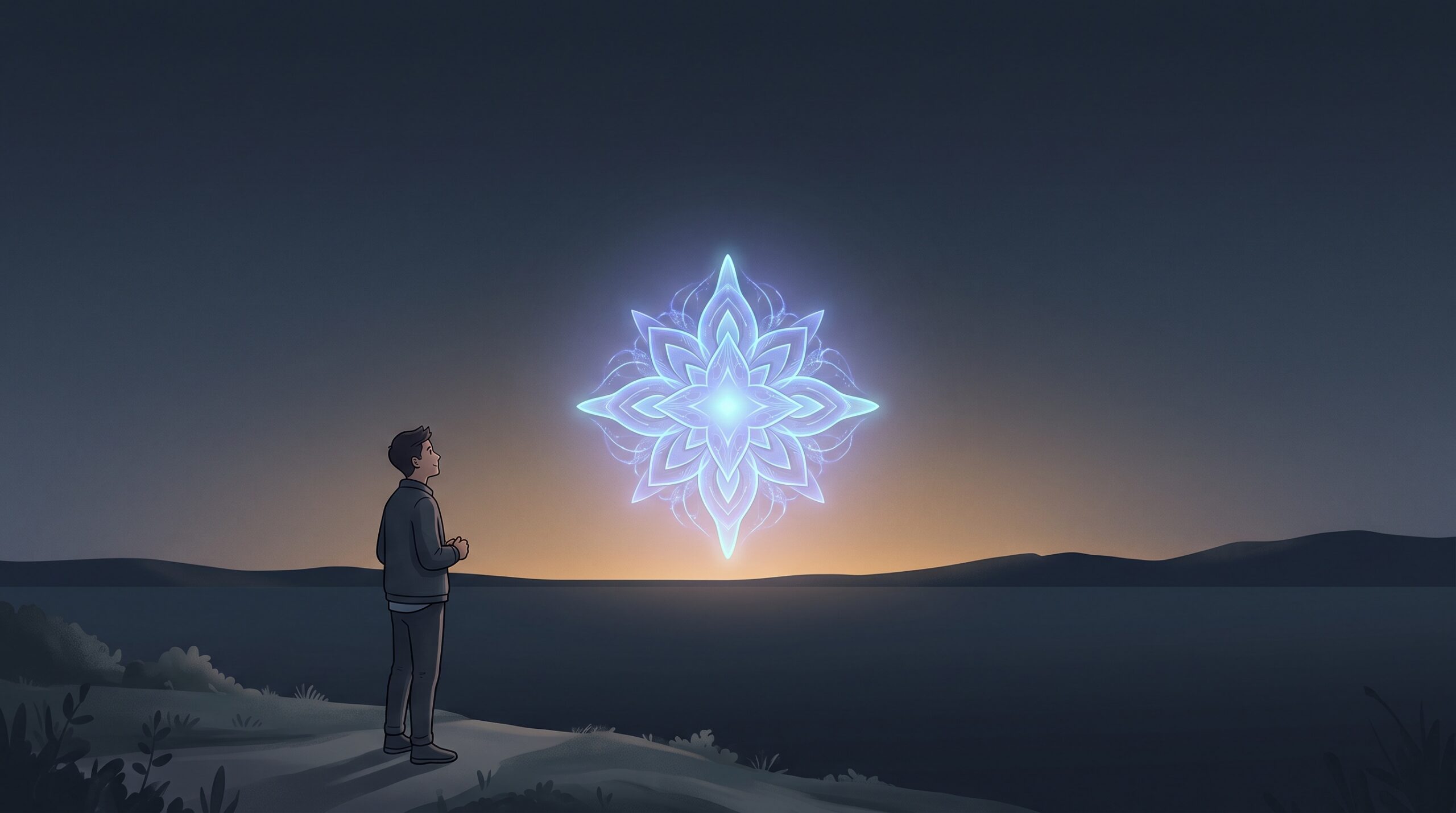 A person watching a bright new AI core rise over a horizon, symbolizing the launch of a new generation AI model