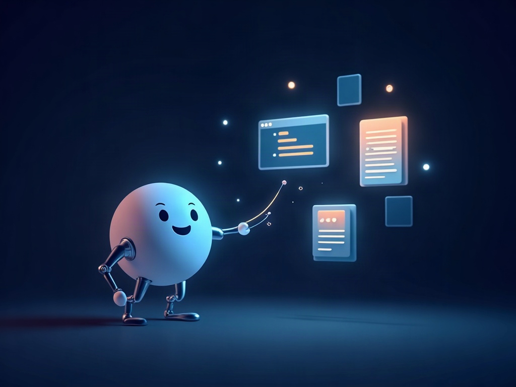 An AI orb operating several blank floating panels at once, illustrating agentic computer and browser use