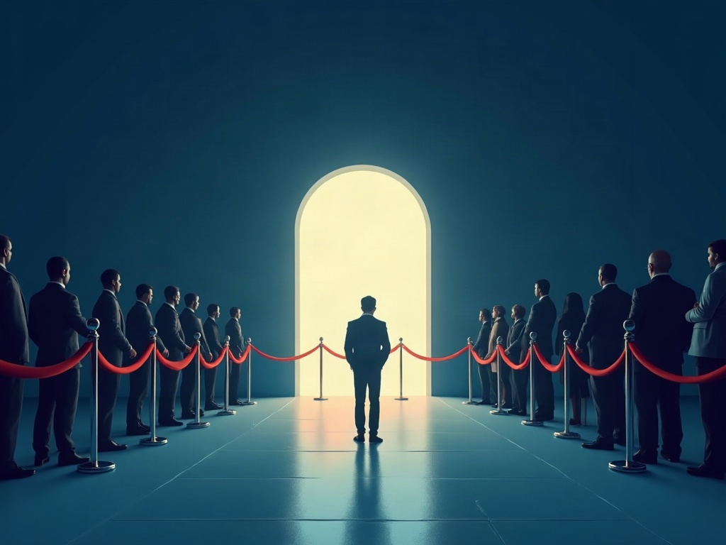 A small group let through a glowing doorway first while a larger crowd waits, illustrating a phased staged rollout