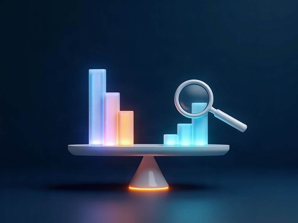 A scale of light weighing a glowing bar chart against a magnifying glass, representing scrutiny of AI benchmark claims