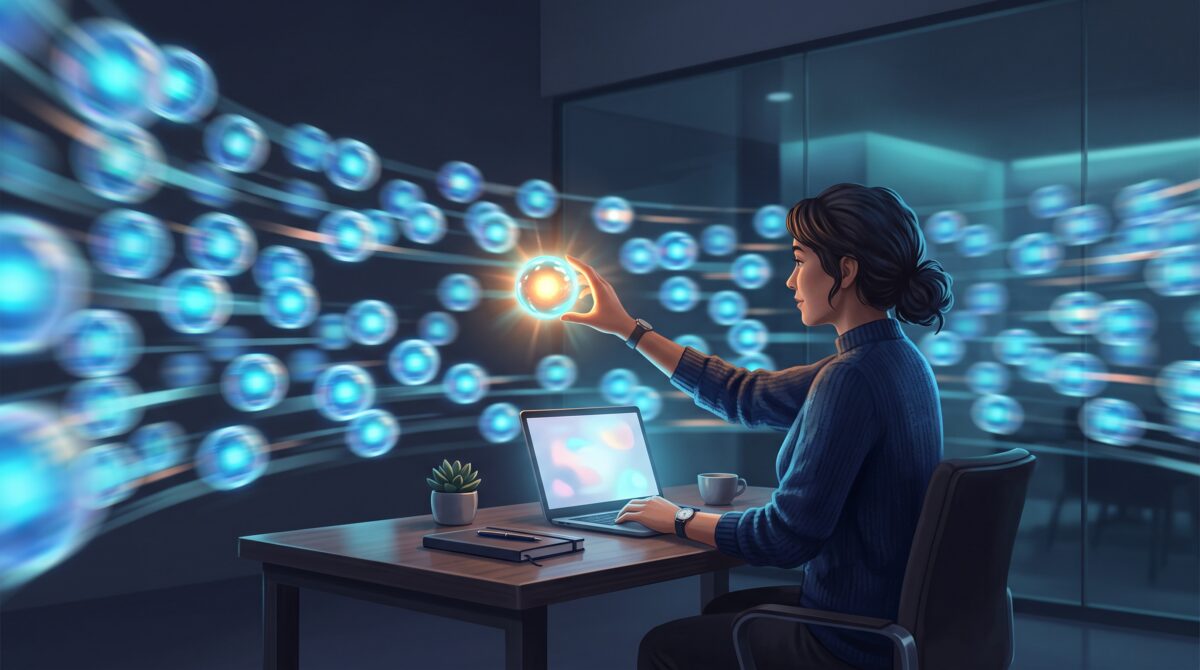 A calm person selecting one glowing AI orb from a blurred rush of many nearly identical ones