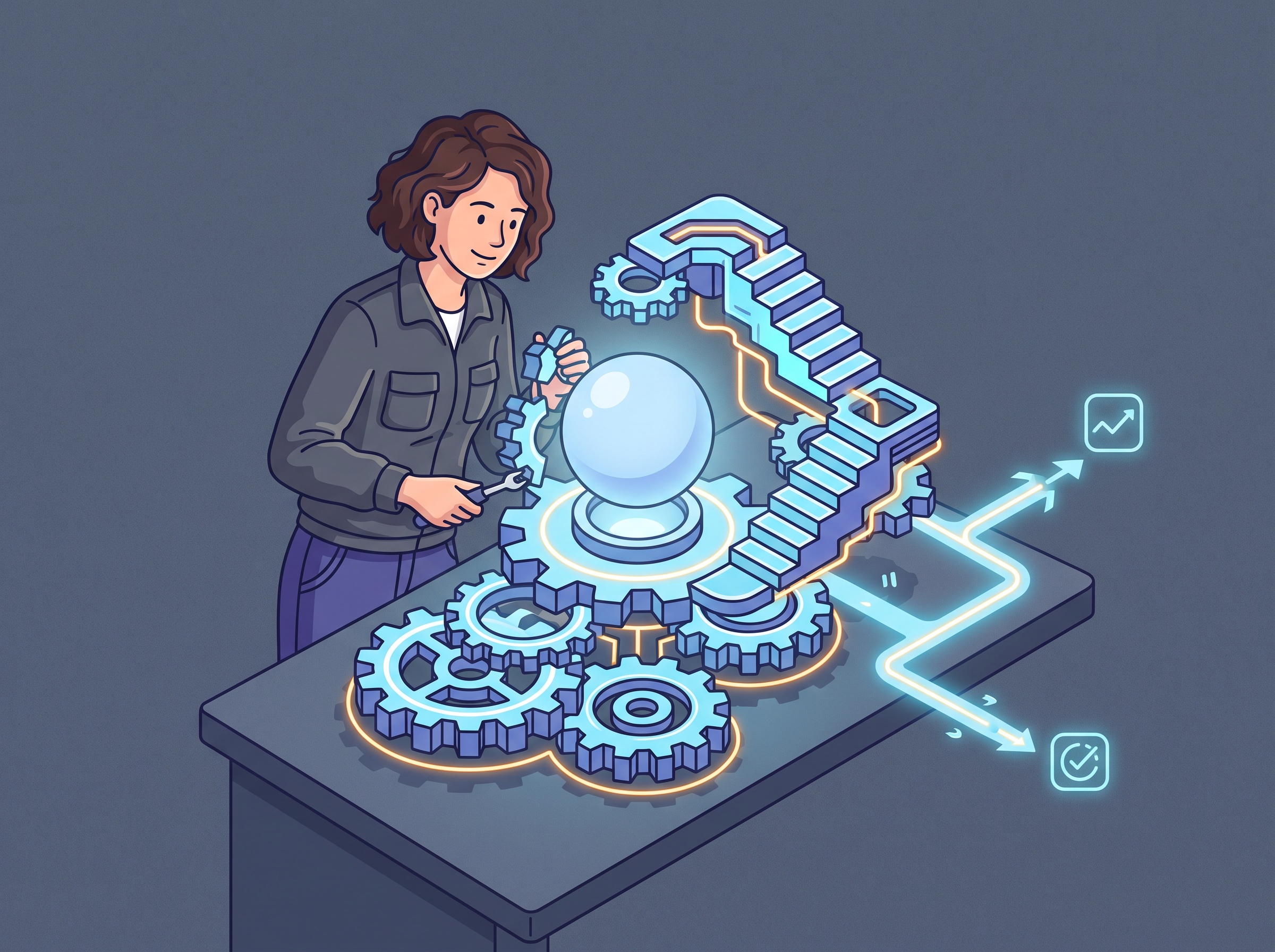 A person building a detailed glowing workflow machine around a single simple AI orb