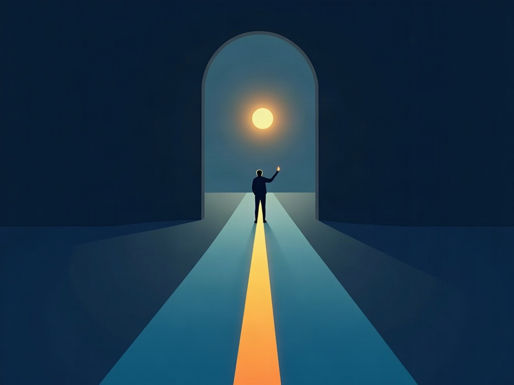 A person at a lit fork in the path, branching only toward a clearly brighter, larger orb