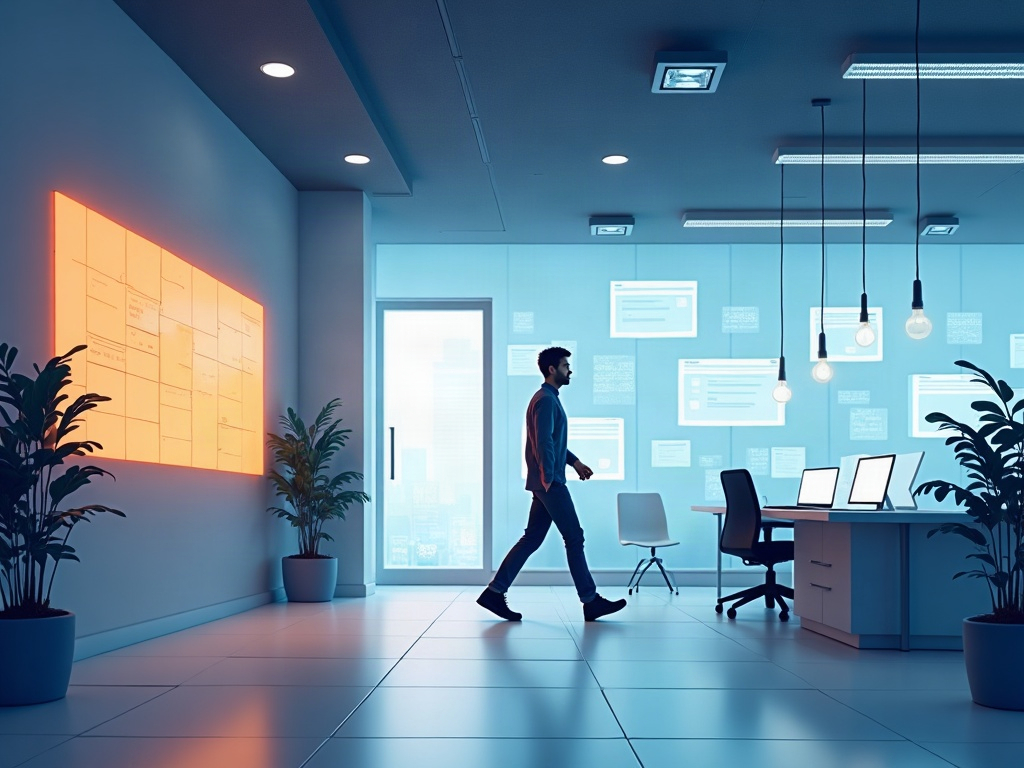 A person walking away from a wall of blurred announcements toward an open workspace with one steady AI companion