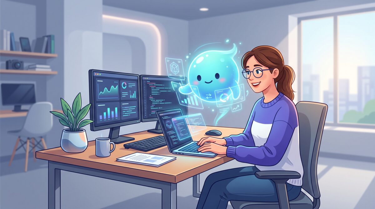 A friendly always-on AI agent avatar working alongside a person at a desk