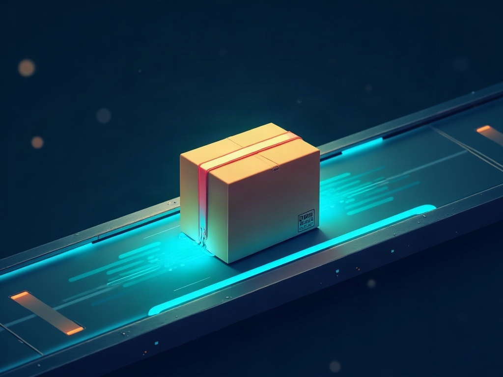 A stream of glowing package boxes on a conveyor of light, one subtly cracked and leaking a dark thread among identical boxes