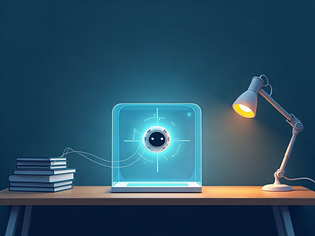 A glowing AI orb working inside a clear protective glass box on a desk, tethered by a short leash of light, with files kept outside