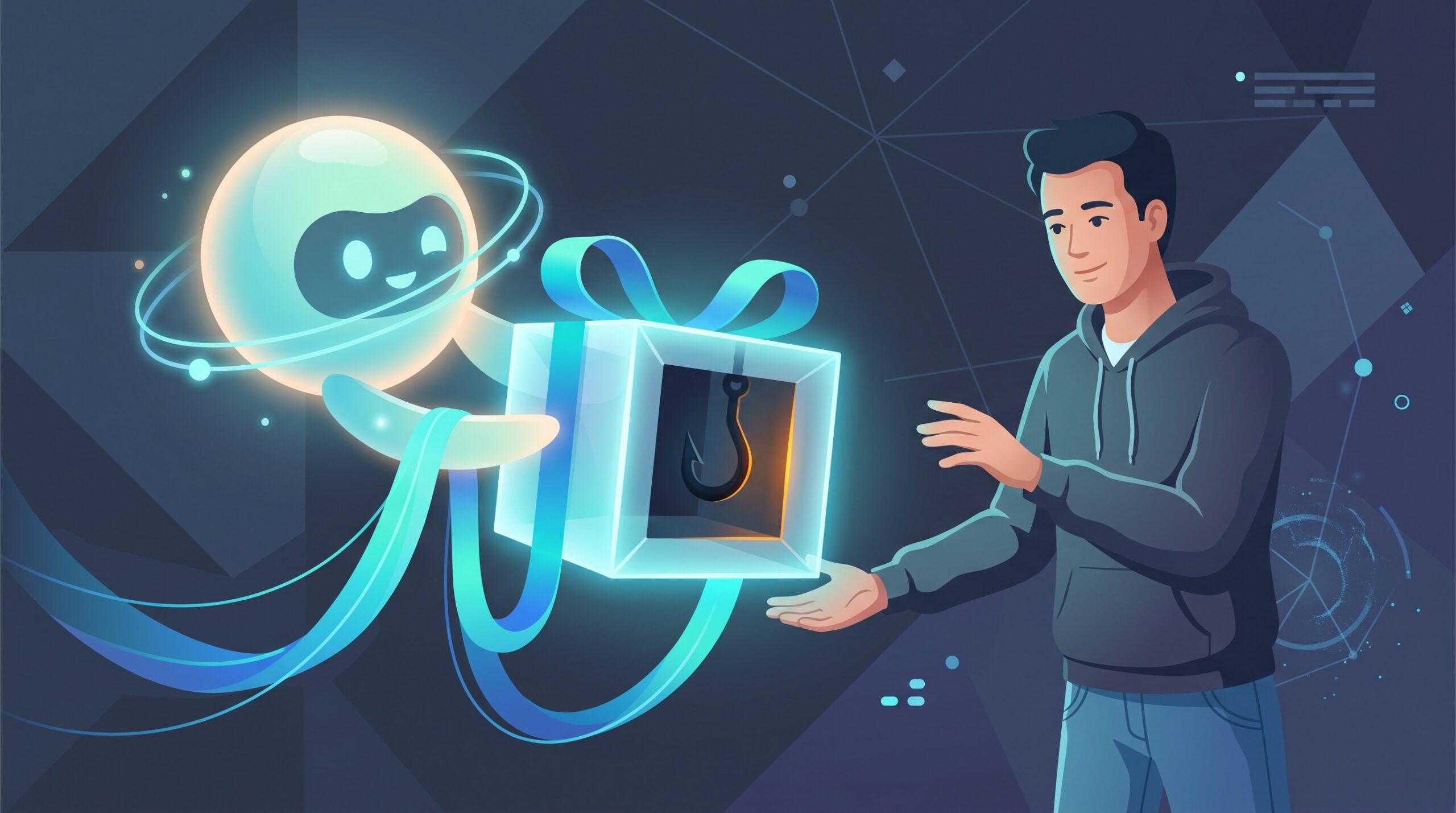 A glowing AI assistant handing a developer a package-shaped box of light with a hidden hook inside, illustrating a slopsquatting trap