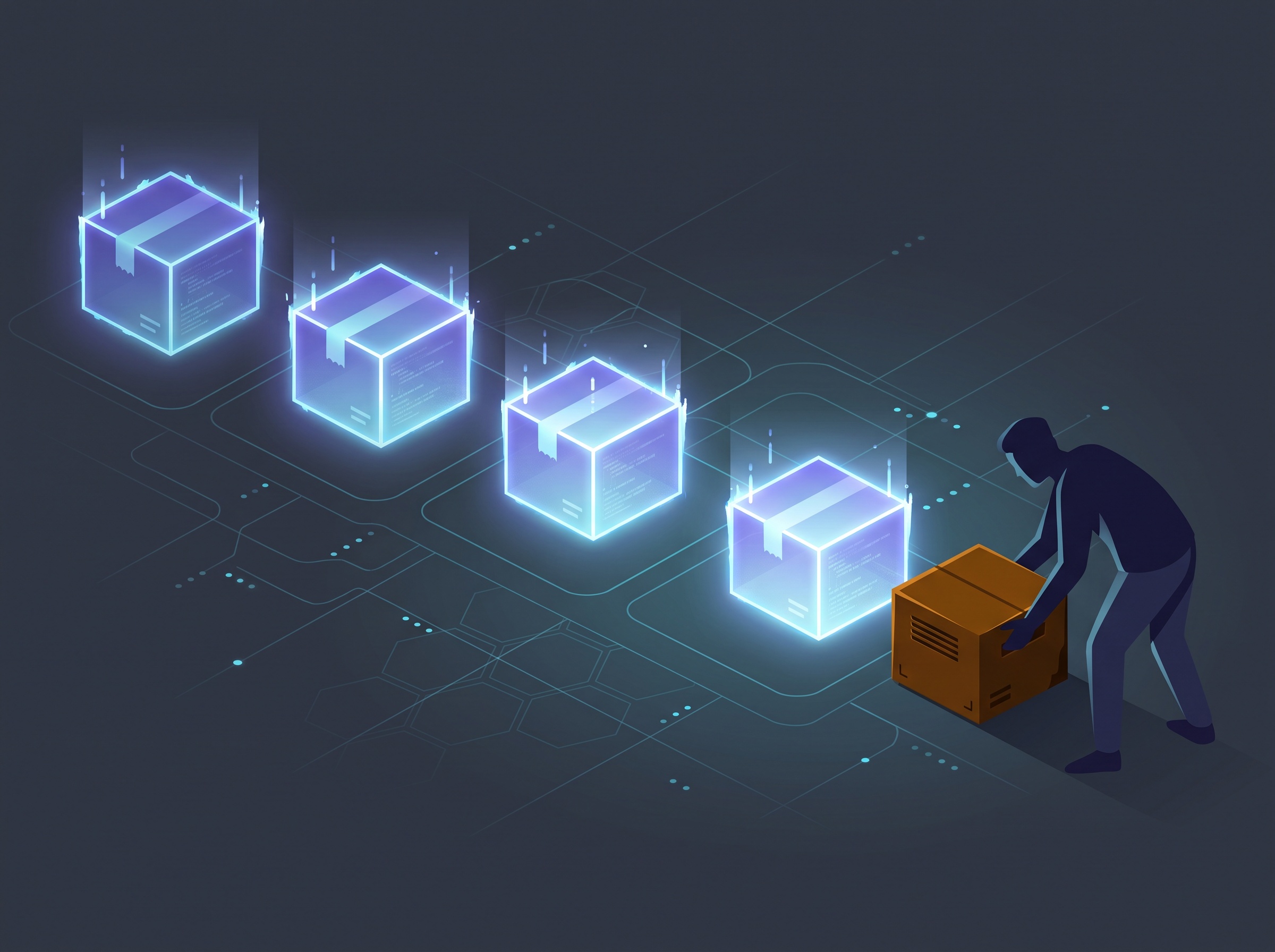 A repeating row of identical hallucinated package shapes with a shadowy figure placing a solid trap where they keep appearing