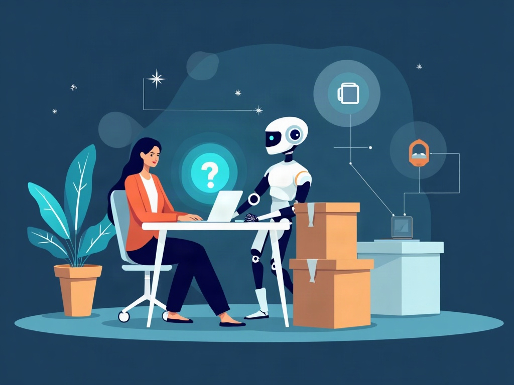 A developer working calmly with an AI co-pilot beside a protected ring of trusted package boxes, illustrating safe AI-assisted coding