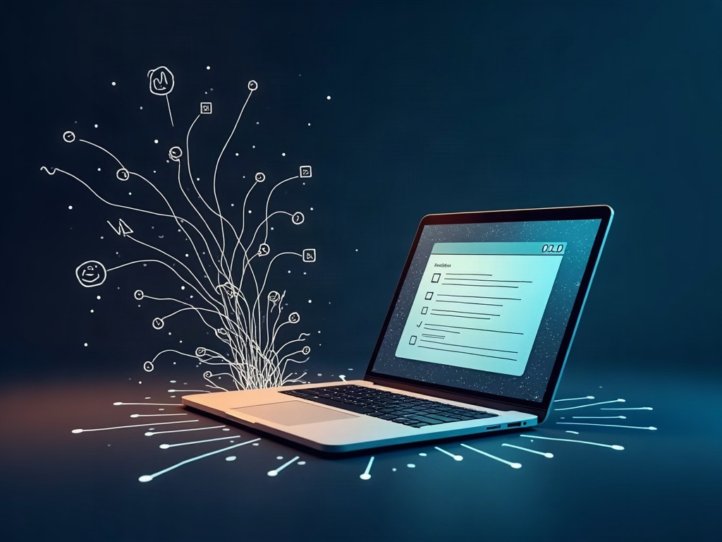 Two paths into a laptop: a chaotic scribble on the left, an orderly short checklist on the right