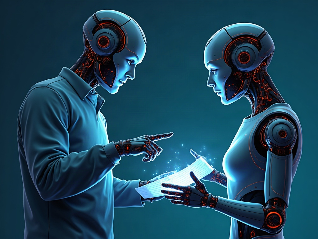 A person and an AI collaborating over a shared glowing plan document before building