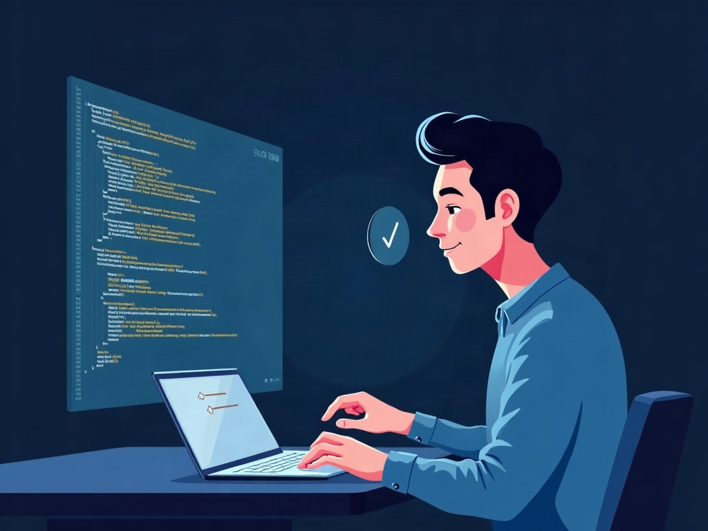 A developer reviewing a short checklist next to a stream of generated code, checkmarks on the plan