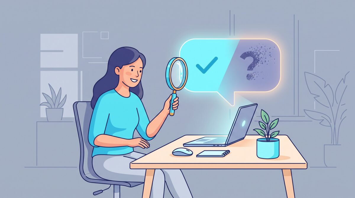 A person inspecting an AI chat bubble with a magnifying glass, half confident and half uncertain