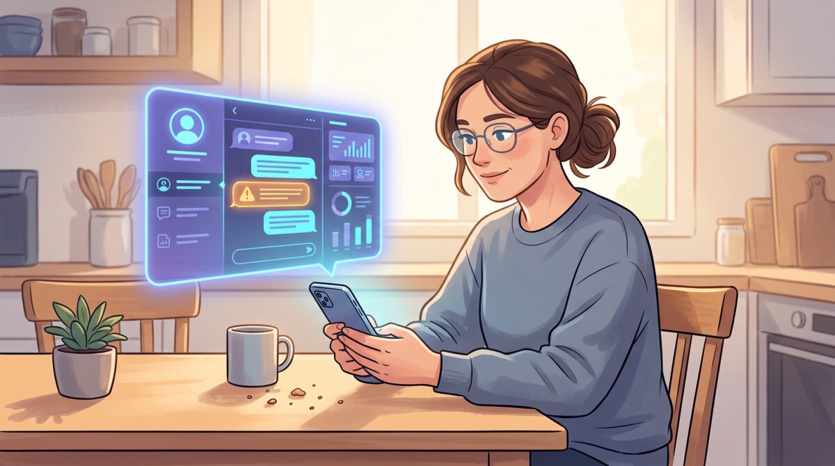A person using an AI assistant to check a suspicious message on their phone