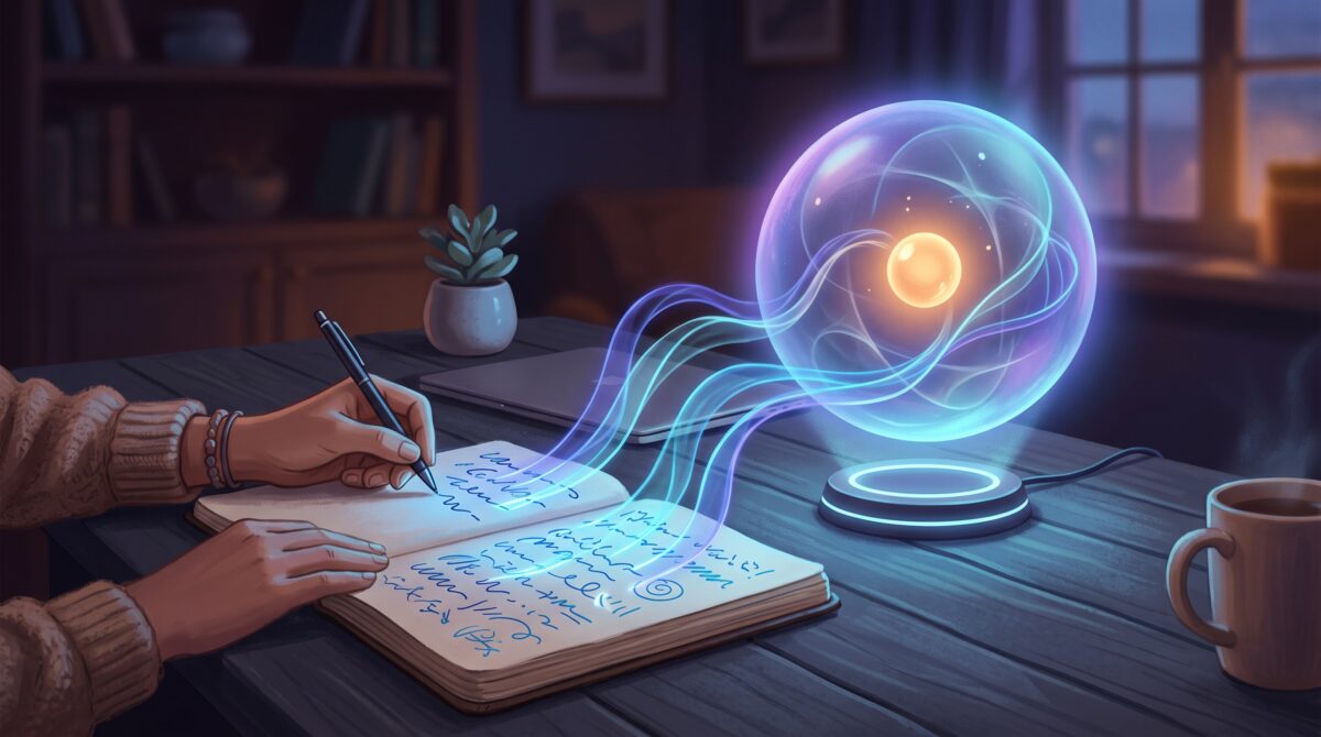 A person's handwriting flowing from a notebook into a glowing AI, representing teaching an AI your writing voice