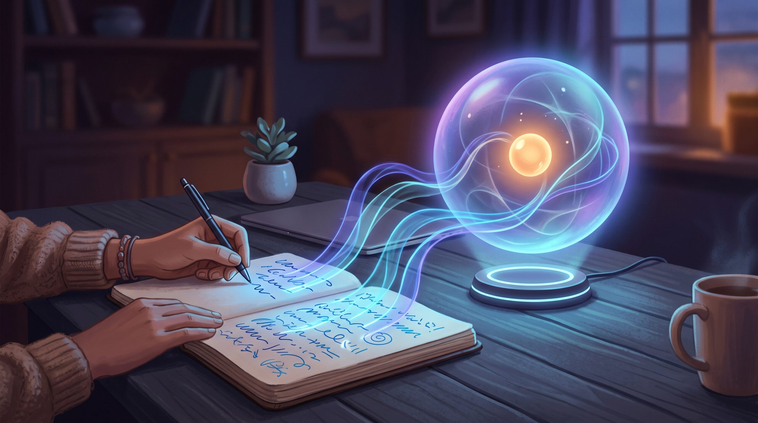 A person's handwriting flowing from a notebook into a glowing AI, representing teaching an AI your writing voice