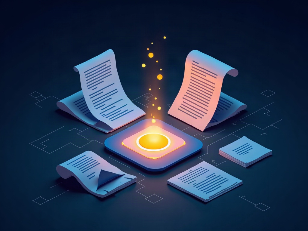 Sample documents being fed into an AI that outputs a matching-style document