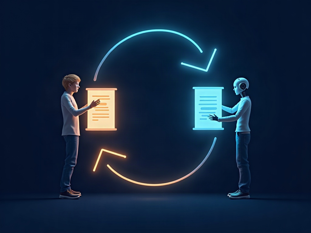 A person and an AI passing a draft back and forth in a feedback loop, refining it